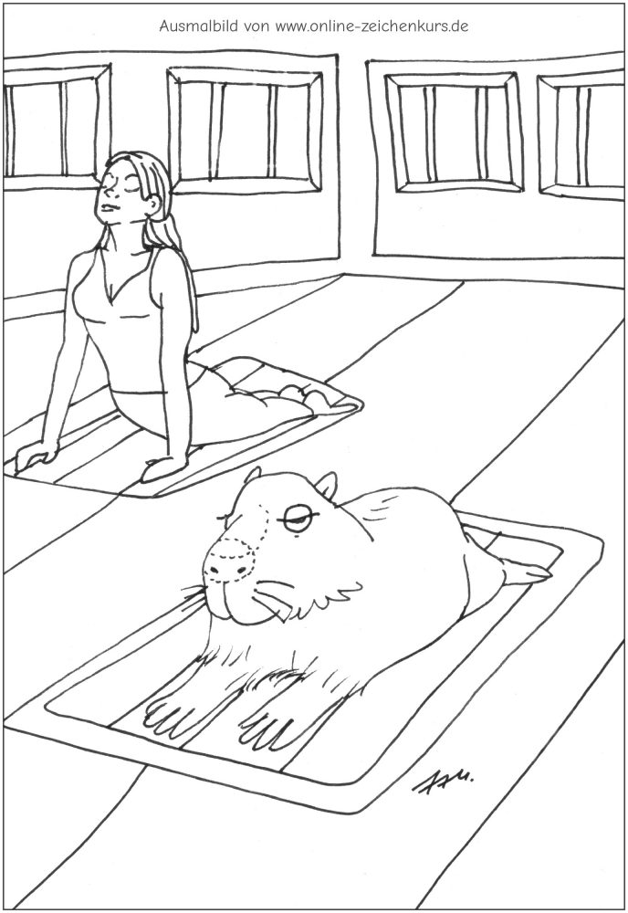 Capybara liegt auf Yogamatte neben Frau im Yogastudio