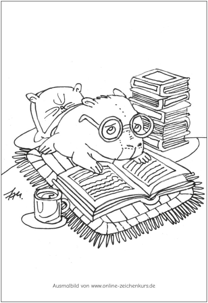 Capybara mit Brille liest Buch neben Bücherstapel und Tasse Tee