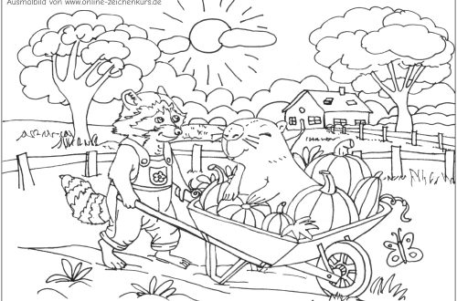 Capybara und Waschbär transportieren Kürbisse in einer Schubkarre auf dem Bauernhof