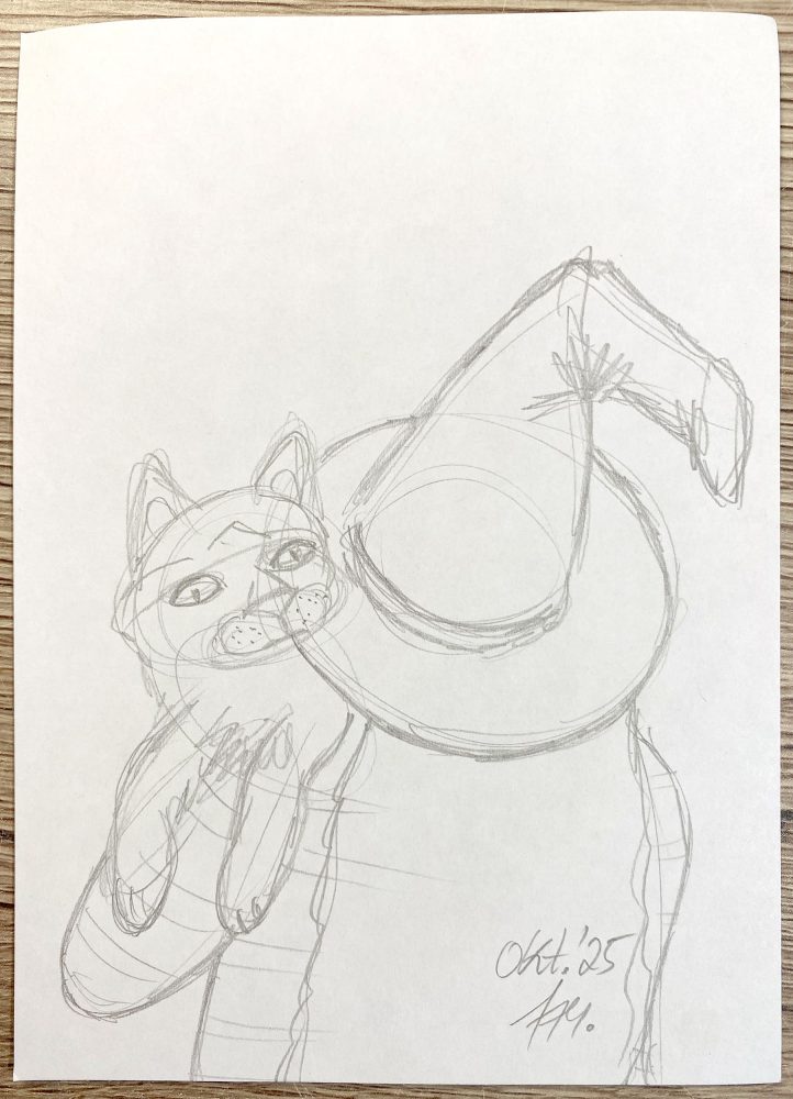 Halloween Hexe mit Katze Bleistiftskizze