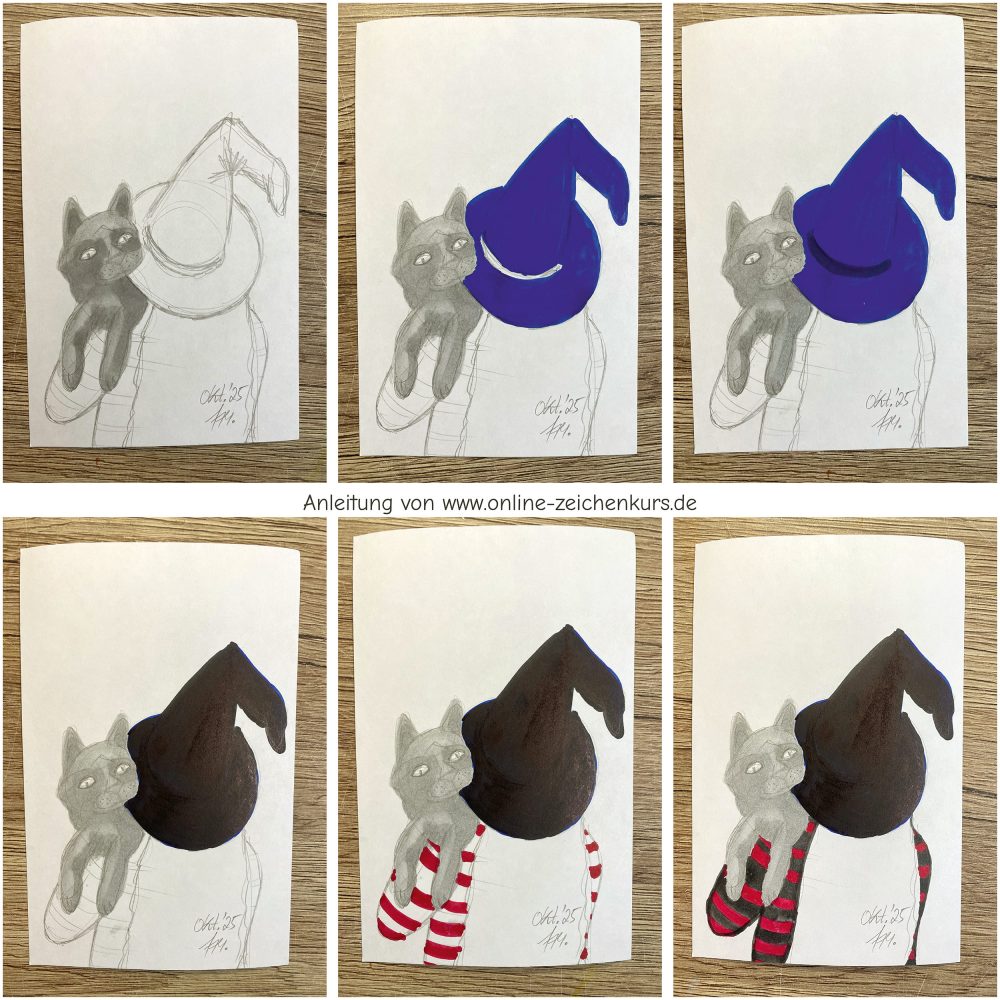 Halloween Hexe mit Katze: Kolorierung von Hexe und Katze