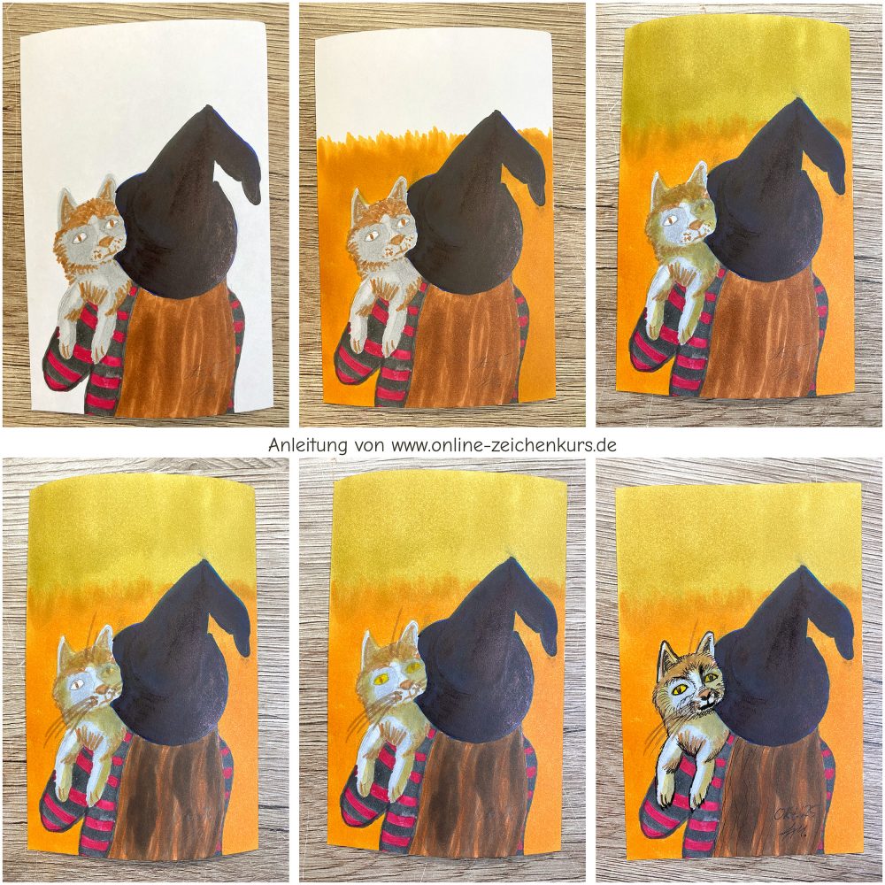 Halloween Hexe mit Katze: Kolorierung der Haare und des Hintergrundes WiP 2
