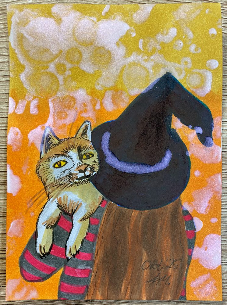 Halloween Hexe mit Katze fertige Kolorierung mit Glitzereffekt