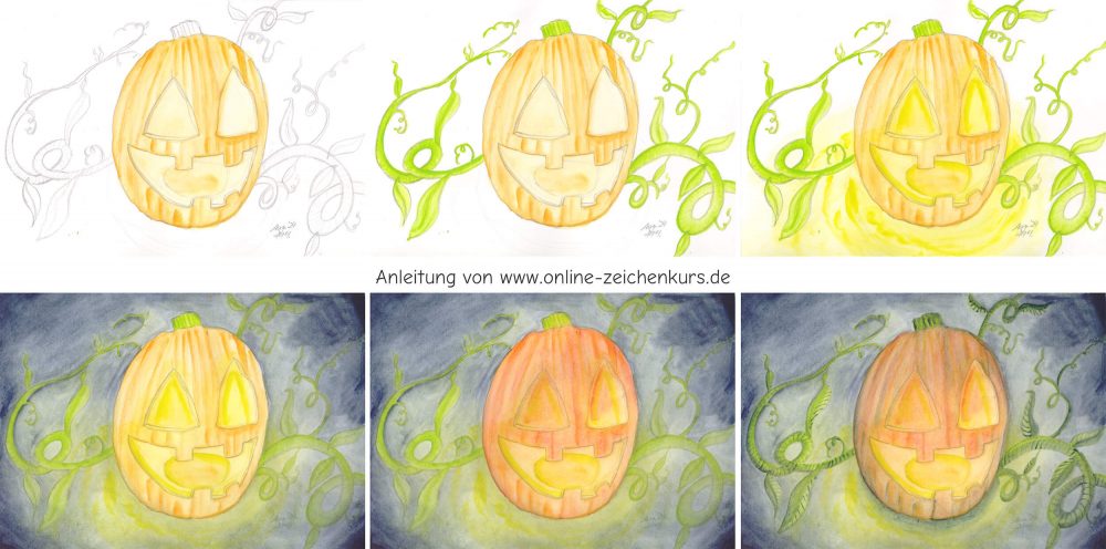 Schritt-für-Schritt-Anleitung eines Halloweenkürbisses in Aquarell mit leuchtendem Gesicht und grünem Rankenhintergrund.