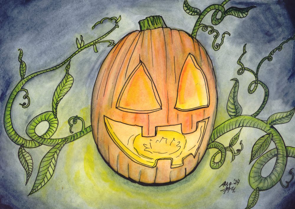 Fertig koloriertes Aquarell eines Halloweenkürbisses mit Ranken und dunklem Nachthintergrund