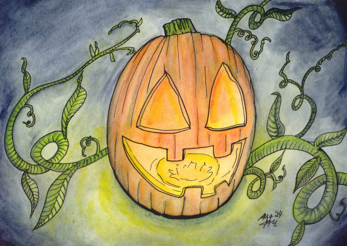 Fertig koloriertes Aquarell eines Halloweenkürbisses mit Ranken und dunklem Nachthintergrund