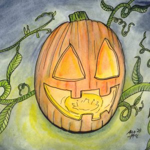 Fertig koloriertes Aquarell eines Halloweenkürbisses mit Ranken und dunklem Nachthintergrund