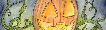 Fertig koloriertes Aquarell eines Halloweenkürbisses mit Ranken und dunklem Nachthintergrund