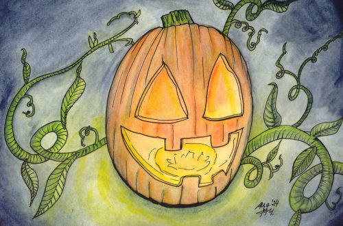 Fertig koloriertes Aquarell eines Halloweenkürbisses mit Ranken und dunklem Nachthintergrund