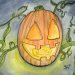Fertig koloriertes Aquarell eines Halloweenkürbisses mit Ranken und dunklem Nachthintergrund