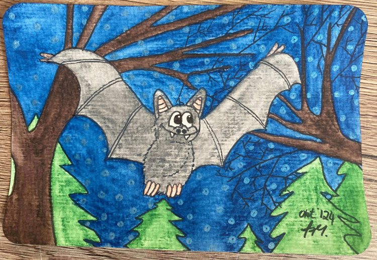 Postkarte freche Fledermaus mit Aquarellbuntstiften