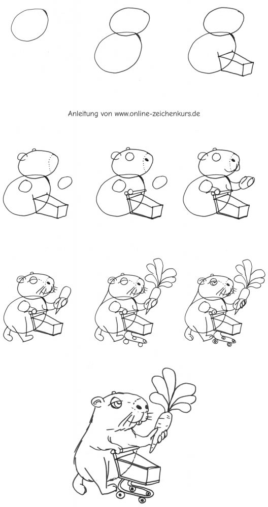 Capybara mit Einkaufswagen und Karotte zeichnen