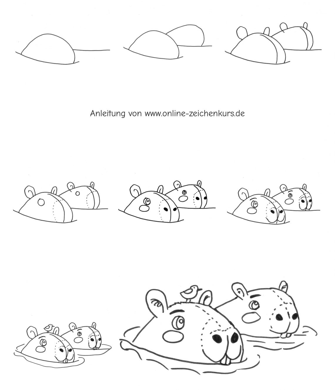 Schrittfolge von Halbkreisen an einer Wasserlinie über Ohren, Augen und Wangenflecken bis zu zwei fertigen Capybara Köpfen im Wasser. Wellenlinien und ein kleiner Vogel auf dem vorderen Kopf runden die Szene ab.