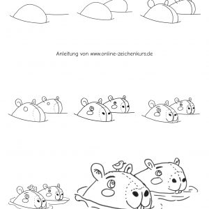 Schrittfolge von Halbkreisen an einer Wasserlinie über Ohren, Augen und Wangenflecken bis zu zwei fertigen Capybara Köpfen im Wasser. Wellenlinien und ein kleiner Vogel auf dem vorderen Kopf runden die Szene ab.