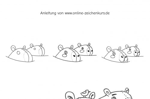 Schrittfolge von Halbkreisen an einer Wasserlinie über Ohren, Augen und Wangenflecken bis zu zwei fertigen Capybara Köpfen im Wasser. Wellenlinien und ein kleiner Vogel auf dem vorderen Kopf runden die Szene ab.