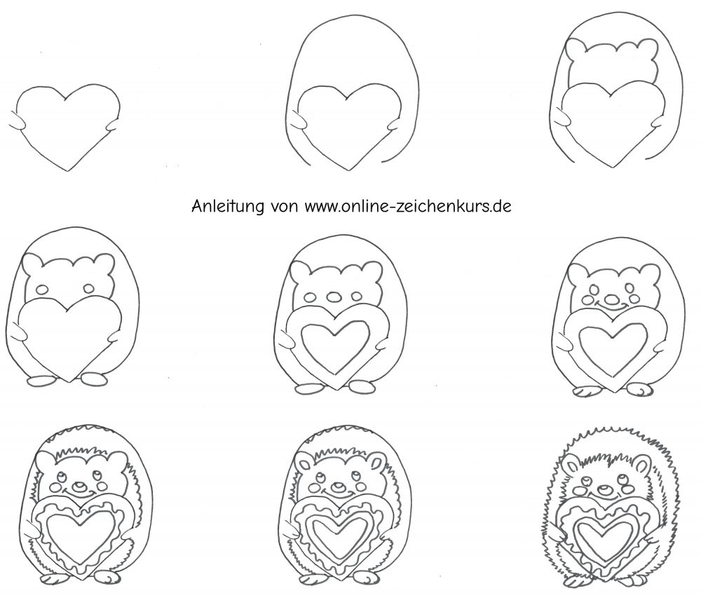 Handgezeichnetes Tutorial wie ein Igel mit Herz entsteht
