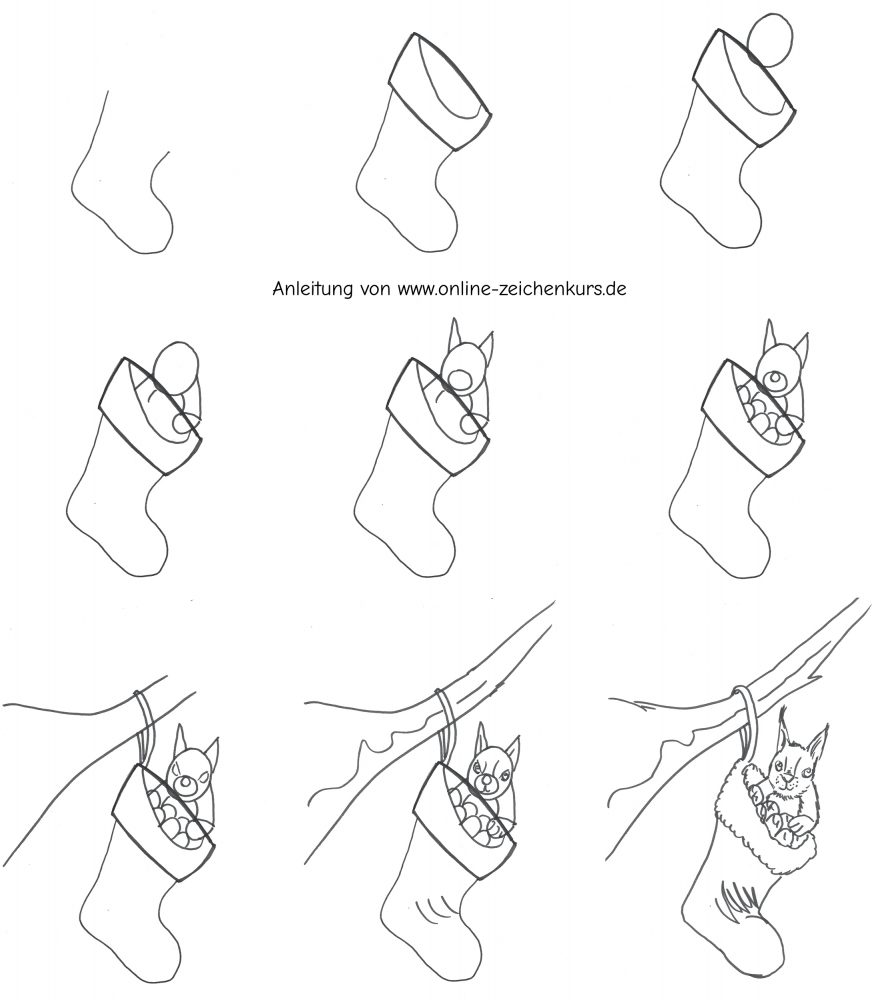 Handgezeichnetes Tutorial wie ein Eichhörnchen im Nikolausstiefel entsteht