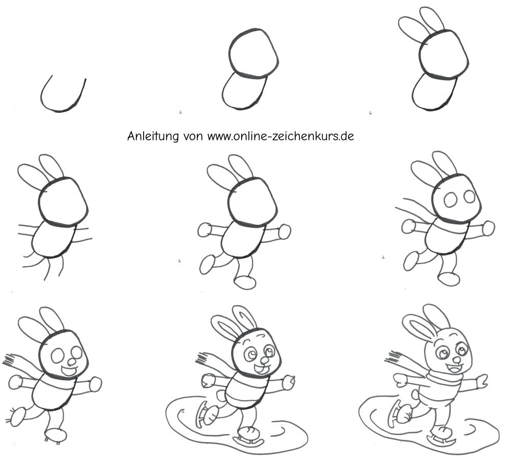 Handgezeichnetes Tutorial wie ein Häschen auf Schlittschuhen entsteht