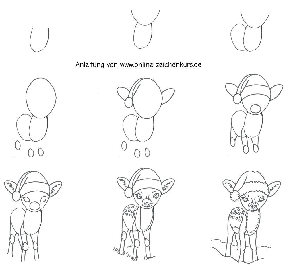 Handgezeichnetes Tutorial wie ein kleines Rehkitz mit Weihnachtsmütze entsteht