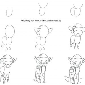 Handgezeichnetes Tutorial wie ein kleines Rehkitz mit Weihnachtsmütze entsteht