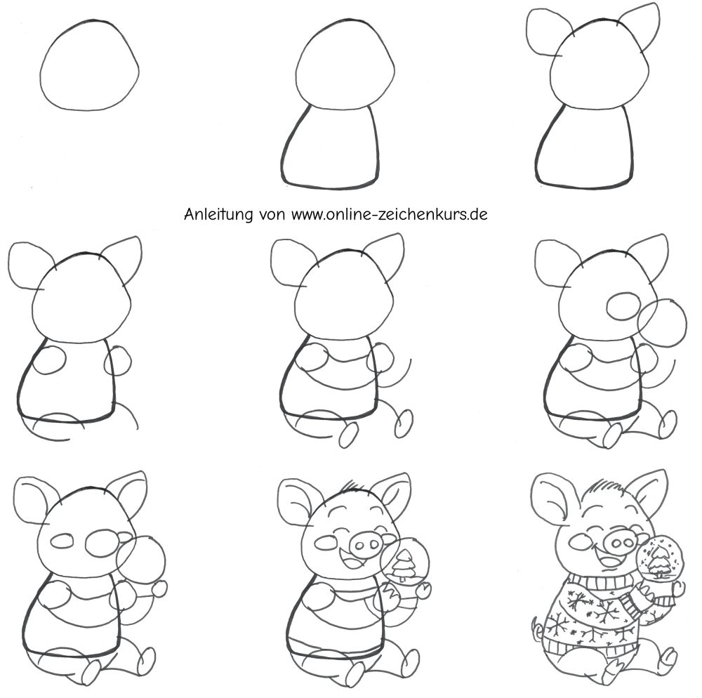 Handgezeichnetes Schritt für Schritt Tutorial wie ein niedliches Weihnachtsschweinchen entsteht