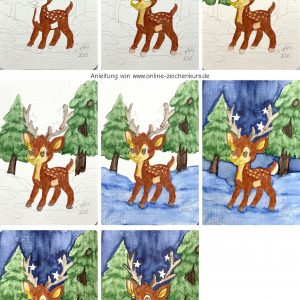 Schritt für Schritt Anleitung zum Malen eines Weihnachts Rehs für Kinder und Anfänger