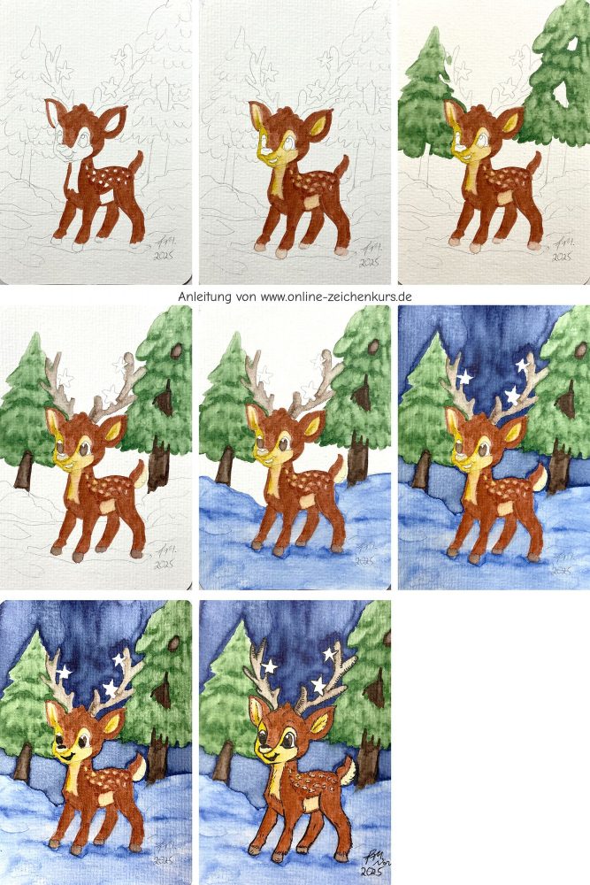 Schritt für Schritt Anleitung zum Malen eines Weihnachts Rehs für Kinder und Anfänger