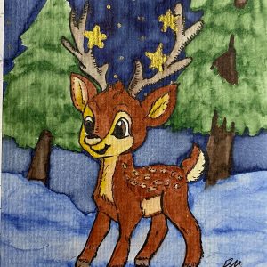 Koloriertes Weihnachts-Reh Aquarell im Schnee mit goldenem Sternenhimmel