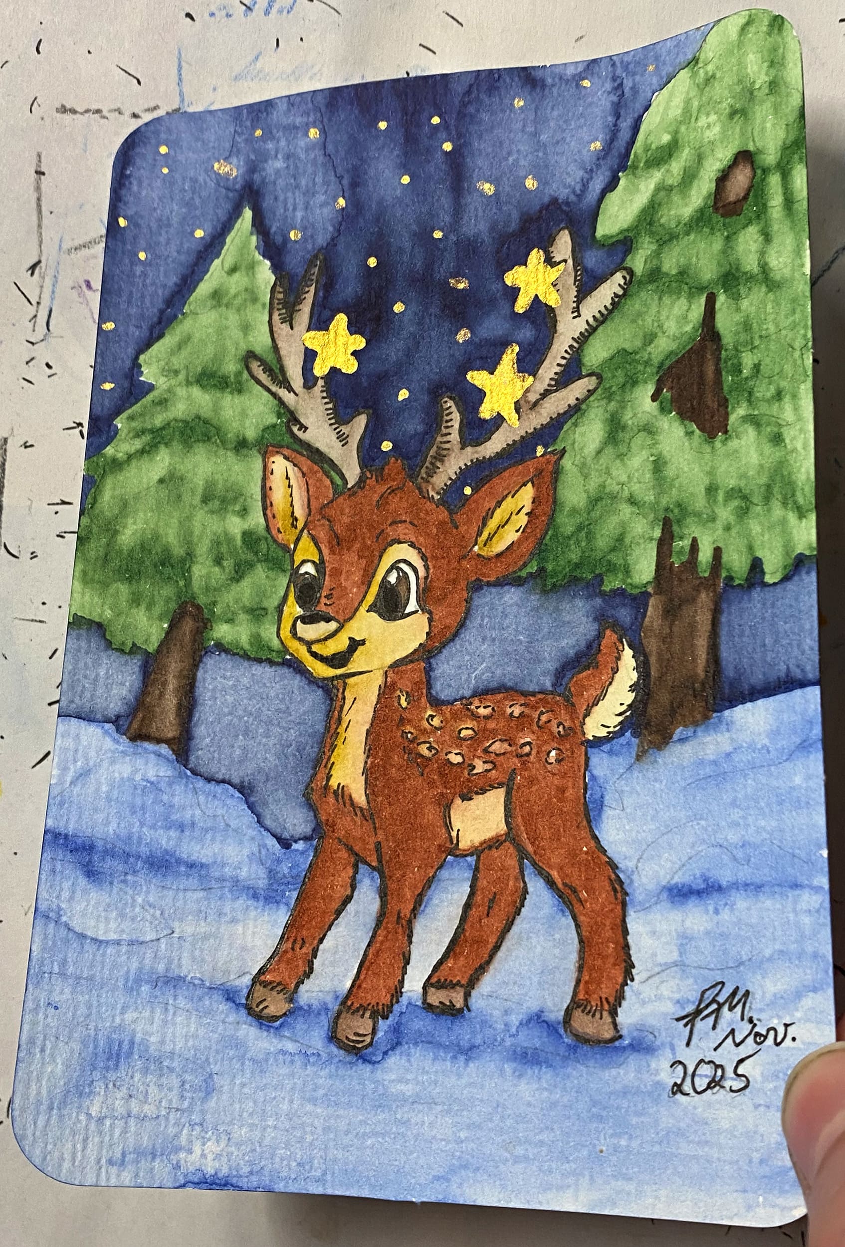 Weihnachtstiere zeichnen Weihnachts-Reh Aquarell als Postkarte