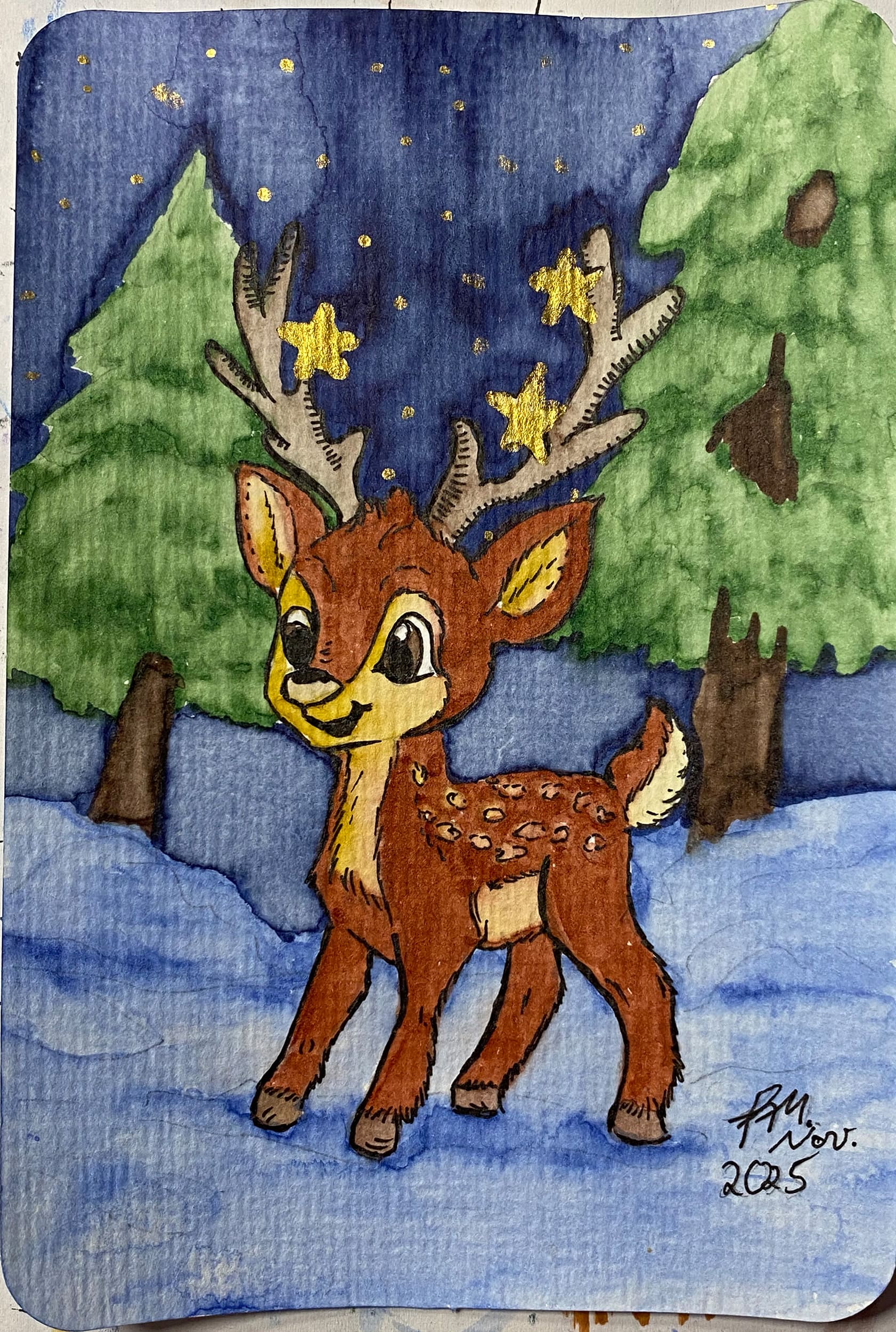 Koloriertes Weihnachts-Reh Aquarell im Schnee mit goldenem Sternenhimmel