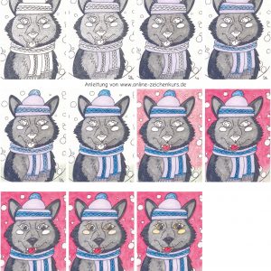 Schritt-für-Schritt-Anleitung eines Wolfs mit Wintermütze und Schal, beginnend mit der Skizze und endend mit einer bunten Aquarellkolorierung.