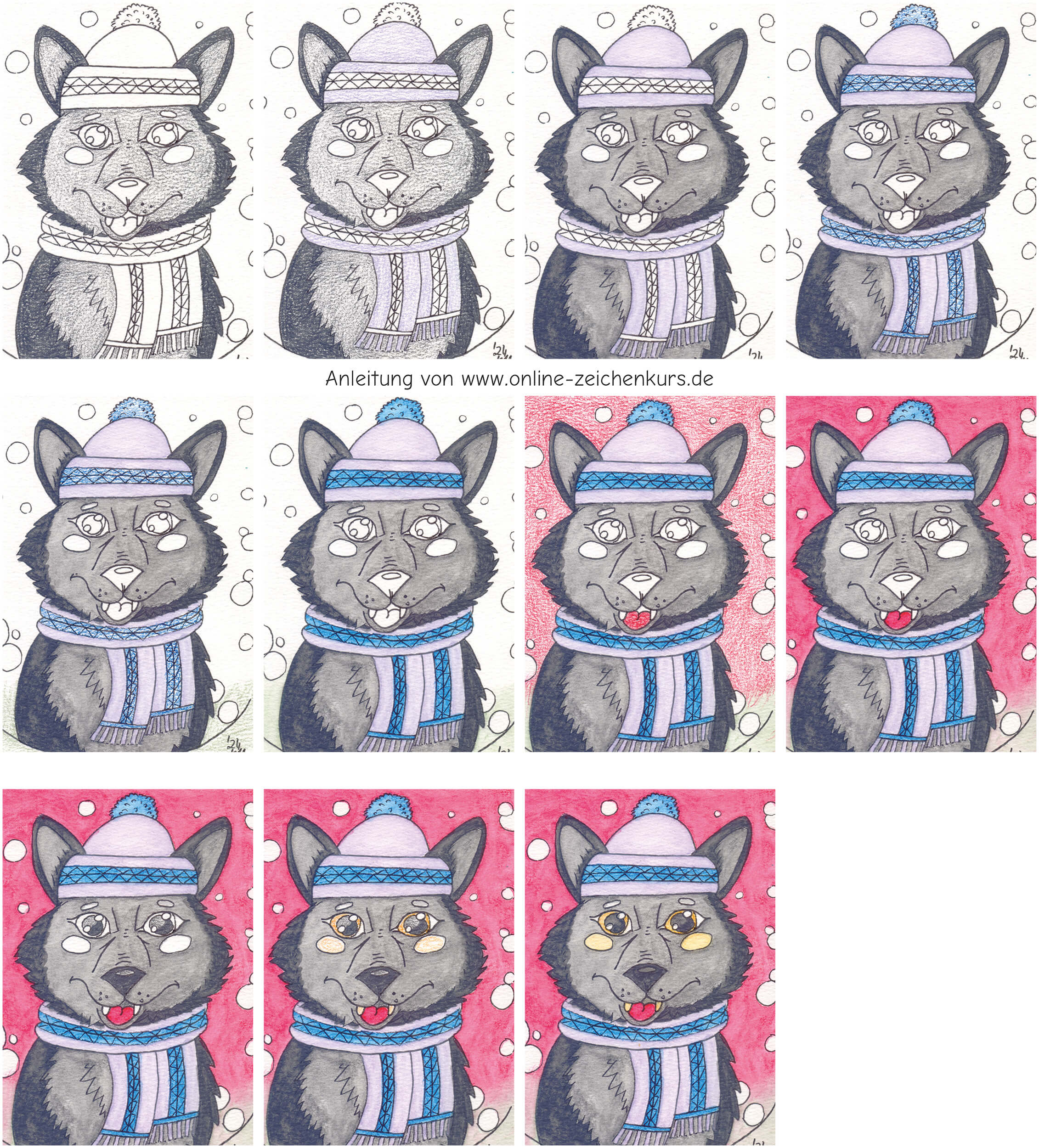 Schritt-für-Schritt-Anleitung eines Wolfs mit Wintermütze und Schal, beginnend mit der Skizze und endend mit einer bunten Aquarellkolorierung.