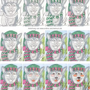 Zeichenanleitung Wolf mit Wintermütze – Schritt für Schritt vom Umriss zur fertigen Zeichnung