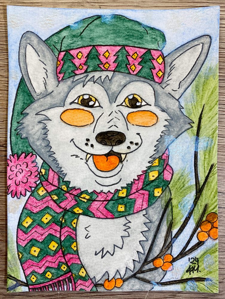  Fertig koloriertes Bild eines winterlichen Wolfs mit Mütze und Schal in kräftigen Farben