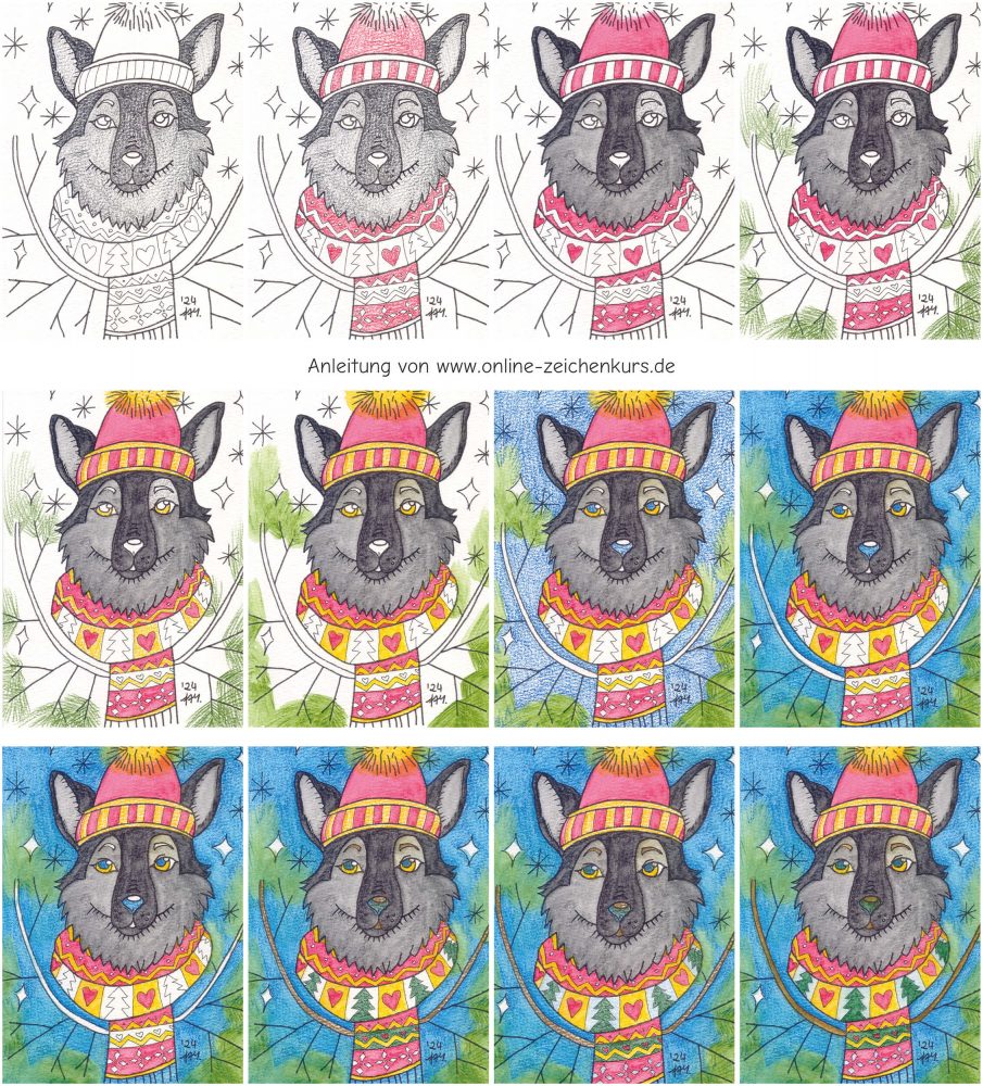 Kolorationsanleitung für einen Wolf mit gemustertem Schal und Wintermütze, illustriert in zwölf Schritten, die den Fortschritt von Schwarz-Weiß-Linien bis zur fertigen Farbzeichnung zeigen.