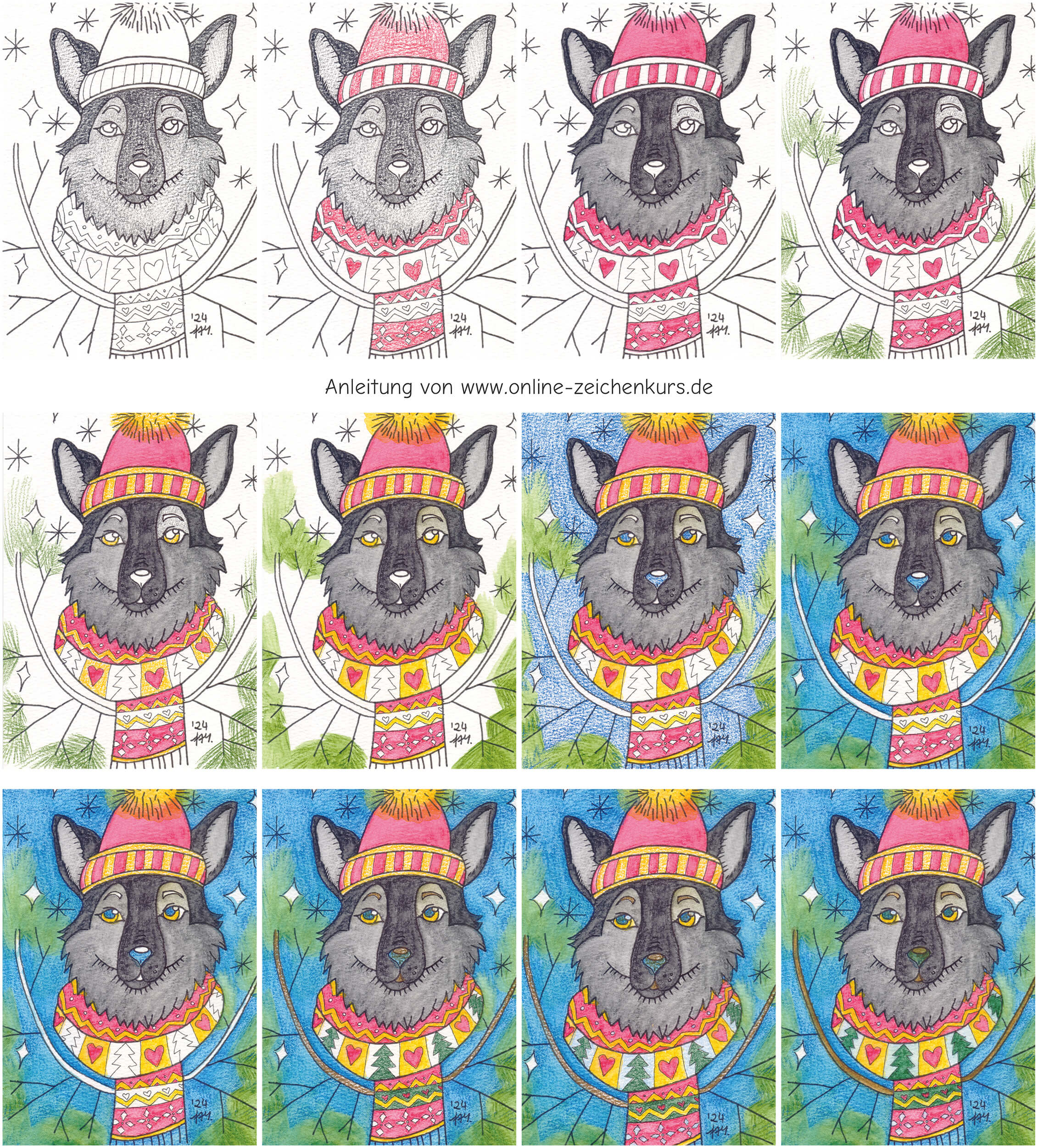 Kolorationsanleitung für einen Wolf mit gemustertem Schal und Wintermütze, illustriert in zwölf Schritten, die den Fortschritt von Schwarz-Weiß-Linien bis zur fertigen Farbzeichnung zeigen.