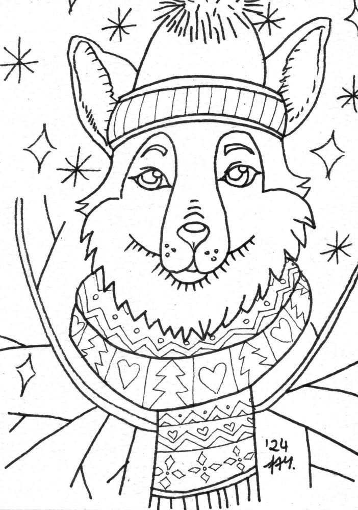 Finelinerkonturen eines Wolfs mit Wintermütze und gemustertem Schal, umgeben von funkelnden Sternen und Tannenzweigen, als Vorlage für Kolorationen.