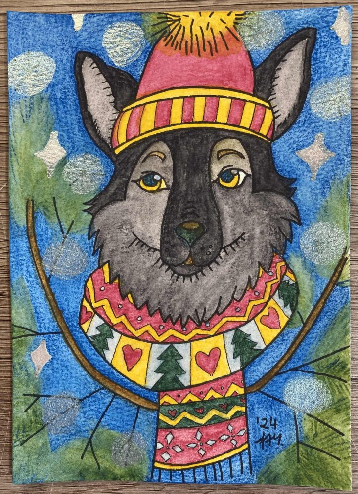 Fertig koloriertes Bild eines Wolfs mit roter Mütze, gemustertem Schal und schimmernden silbernen Akzenten im blauen Hintergrund.