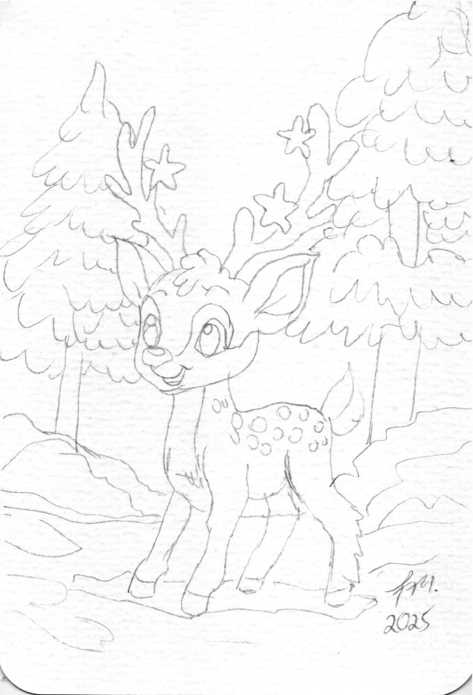 Bleistiftskizze eines jungen Weihnachts Rehs mit Stern Geweih im verschneiten Wald