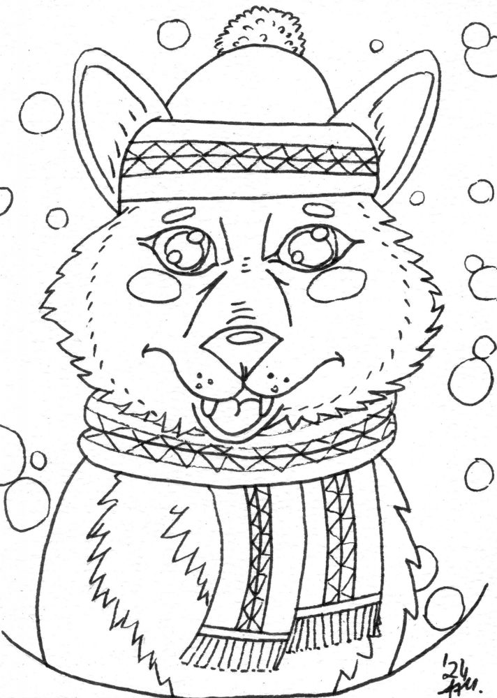 Finelinerzeichnung eines Wolfs mit Wintermütze, Bommel und gemustertem Schal in einer Schneekulisse.