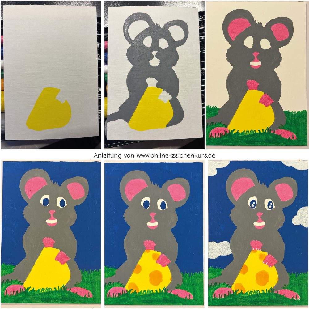 Käsemaus Kolorierung Schritt für Schritt