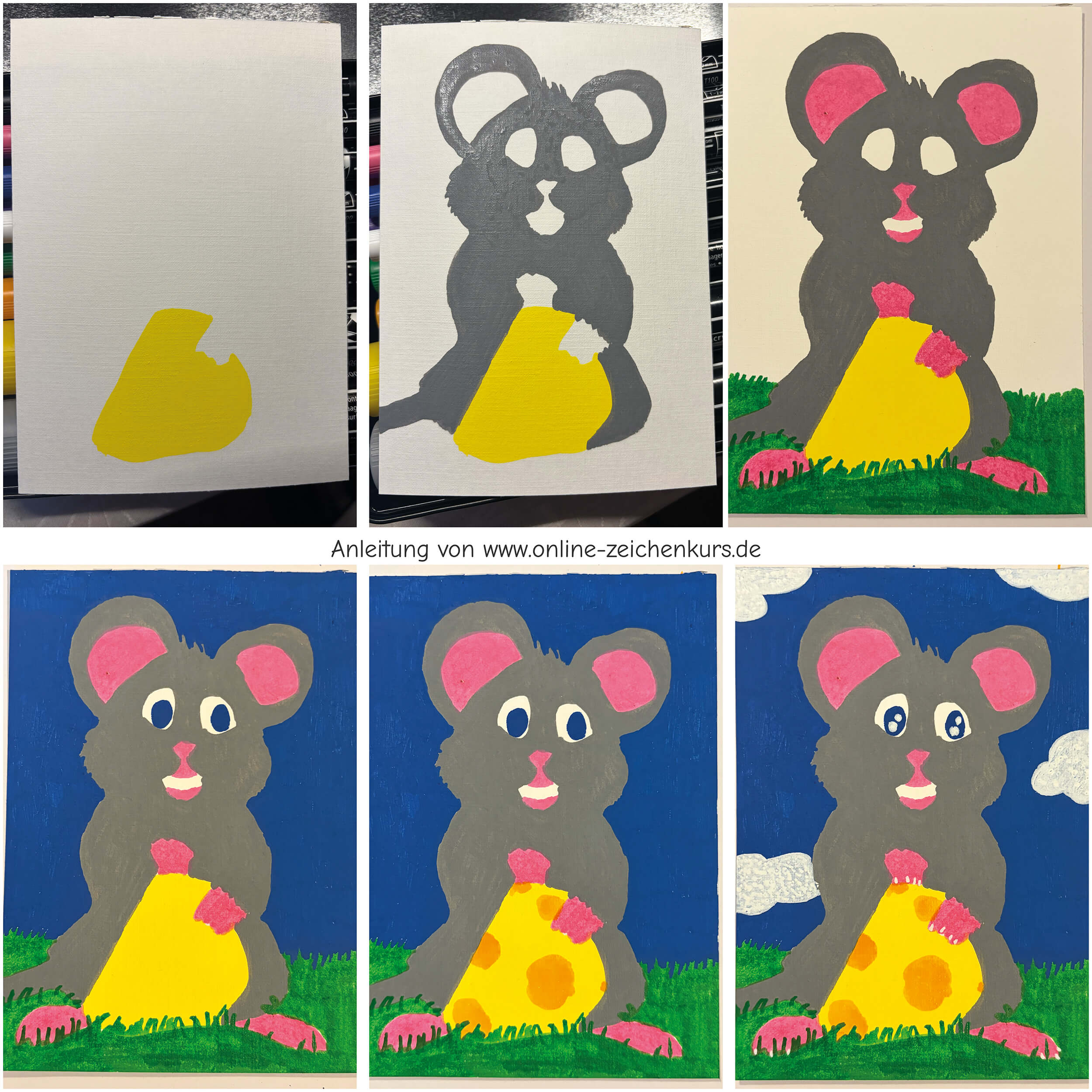 Käsemaus Kolorierung Schritt für Schritt