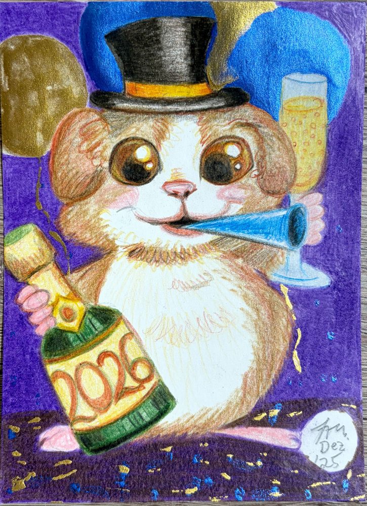Fertige Postkarte Neujahrs Meerschweinchen Buntstift