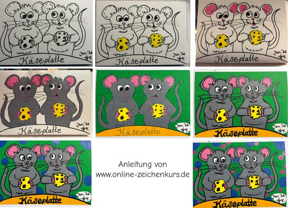 Käsemäuse Kolorierung Schritt für Schritt mit Acrylmarkern