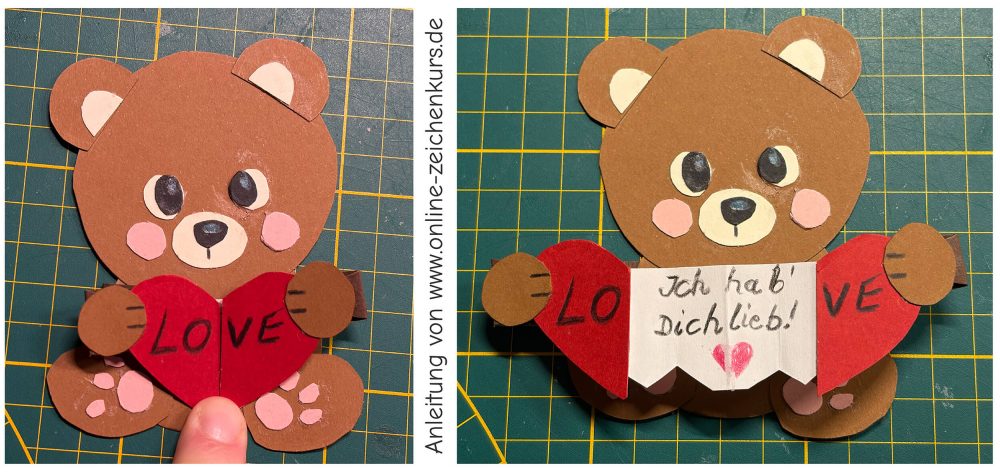 Fertig gebastelter Bärchen Liebesgruß für den Valentinstag, Muttertag oder zum Geburtstag