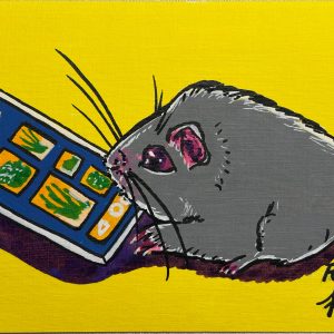 Fertige Acrylmalerei eines Meerschweinchens, das über ein Smartphone Salat bestellt