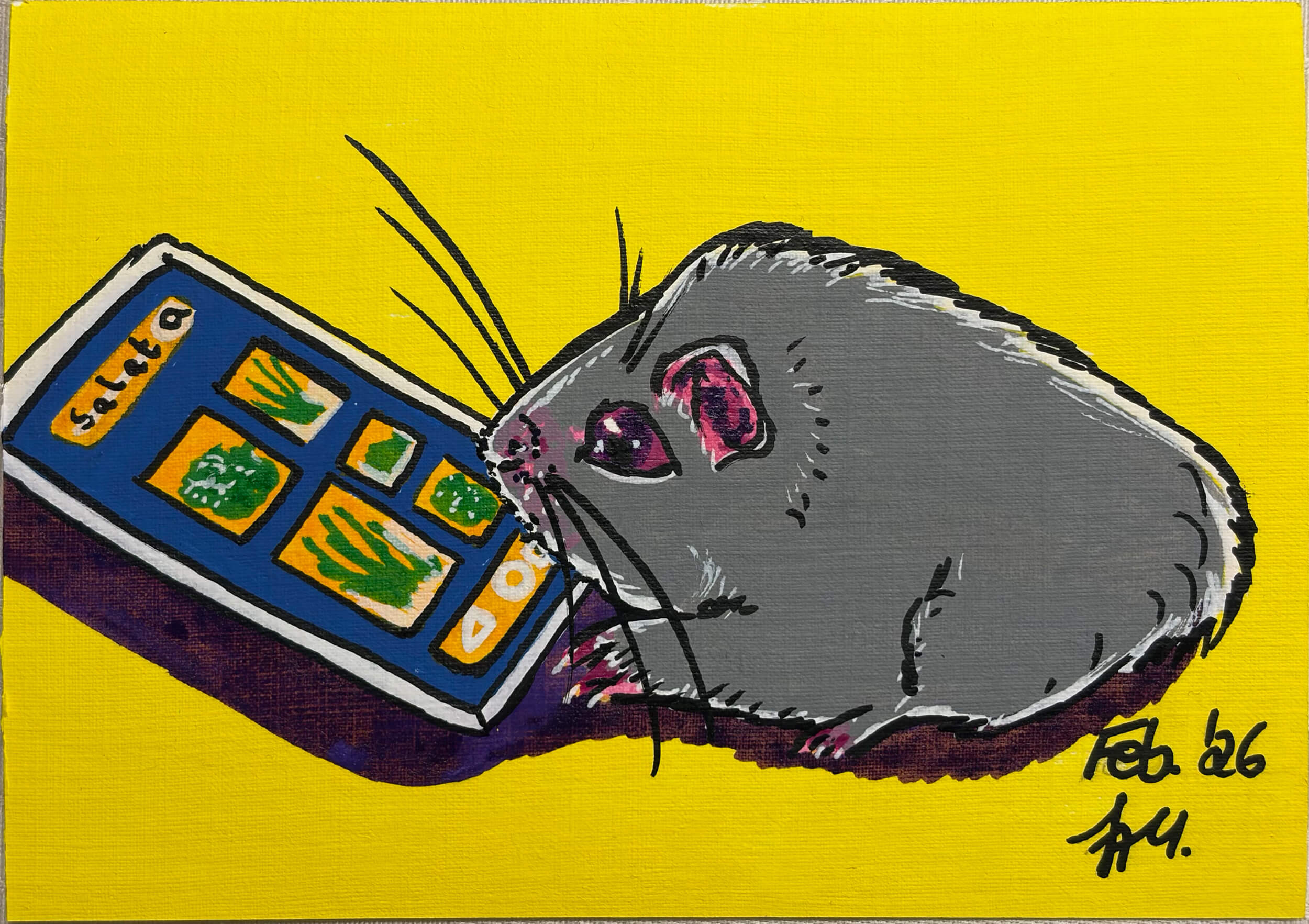 Fertige Acrylmalerei eines Meerschweinchens, das über ein Smartphone Salat bestellt