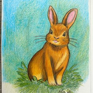 Fertig koloriertes freches Häschen mit Buntstiften auf Gras