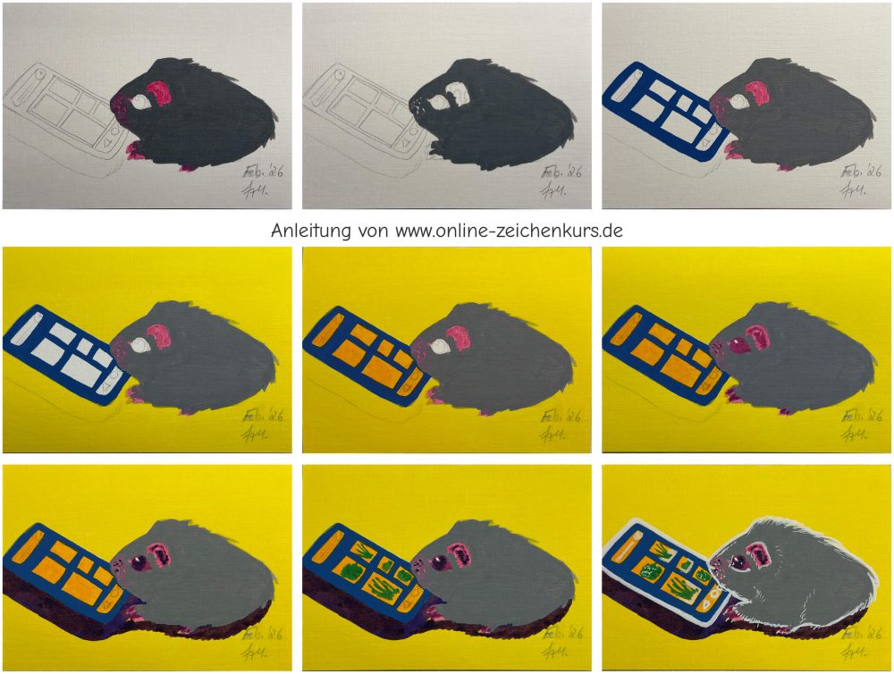Work in progress Kolorierung eines Meerschweinchens mit Acrylmarkern auf Postkartenpapier