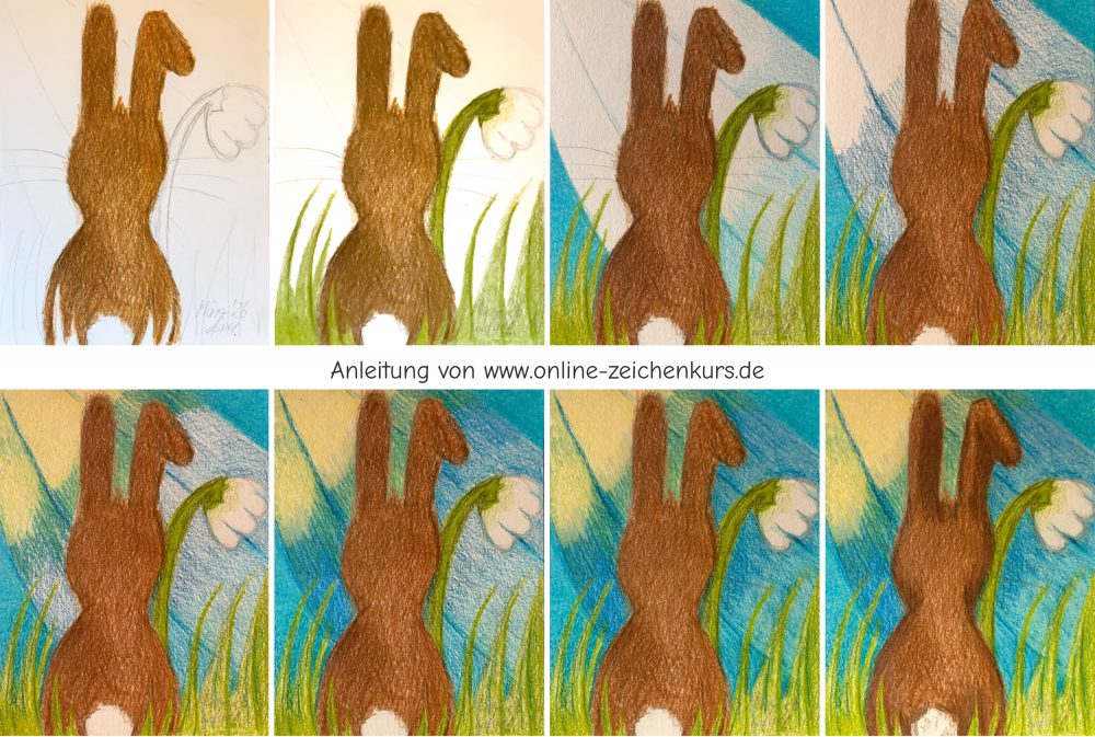 Schritt für Schritt Anleitung für ein Osterhäschen mit Buntstift für Kinder und Anfänger